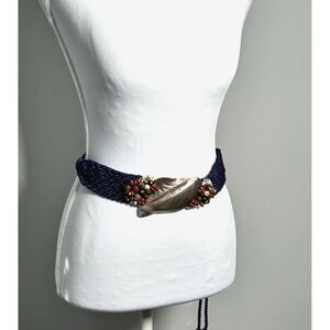 Handcrafted Blue Braided Rope Tie Belt Mother of‎ Pearl Centerpiece Boho S/M